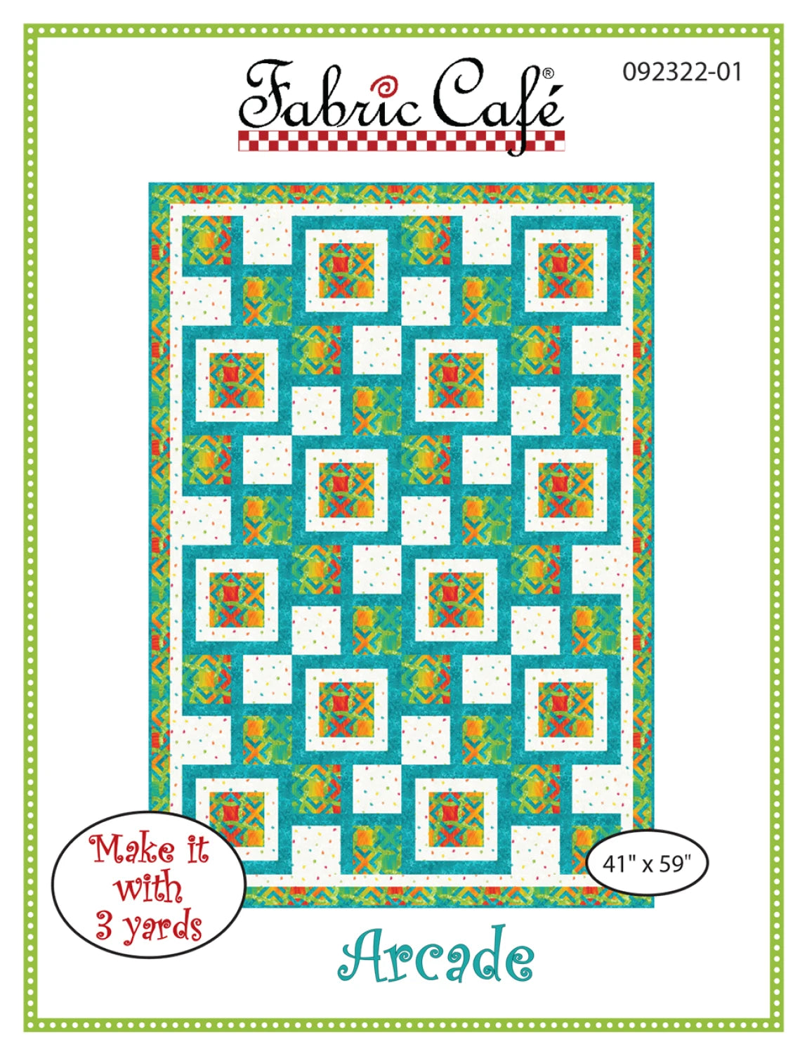 The Arcade 3 Yard Quilt Pattern by Checker Distributor features a bold geometric design in teal, white, and orange. This lap size quilt measures 41" x 59", making it ideal for displaying your favorite prints.