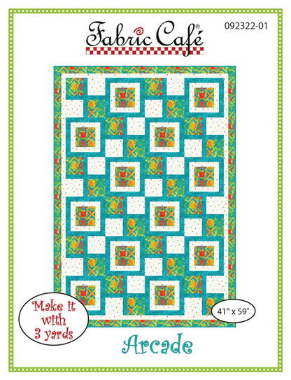 The Arcade 3 Yard Quilt Pattern by Checker Distributor features a bold geometric design in teal, white, and orange. This lap size quilt measures 41" x 59", making it ideal for displaying your favorite prints.