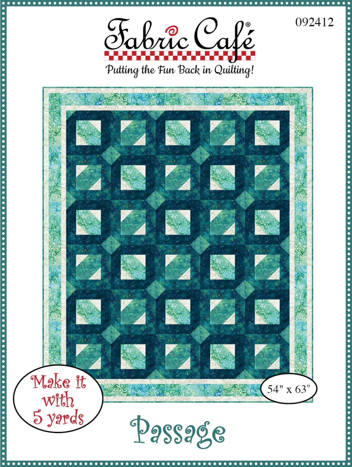 The Passage 5 Yard Quilt Pattern by Checker Distributor features geometric blocks in teal, blue, and green with a coordinating border. This beginner-friendly lap quilt measures 54" x 63" and can be made with just 5 yards of fabric.