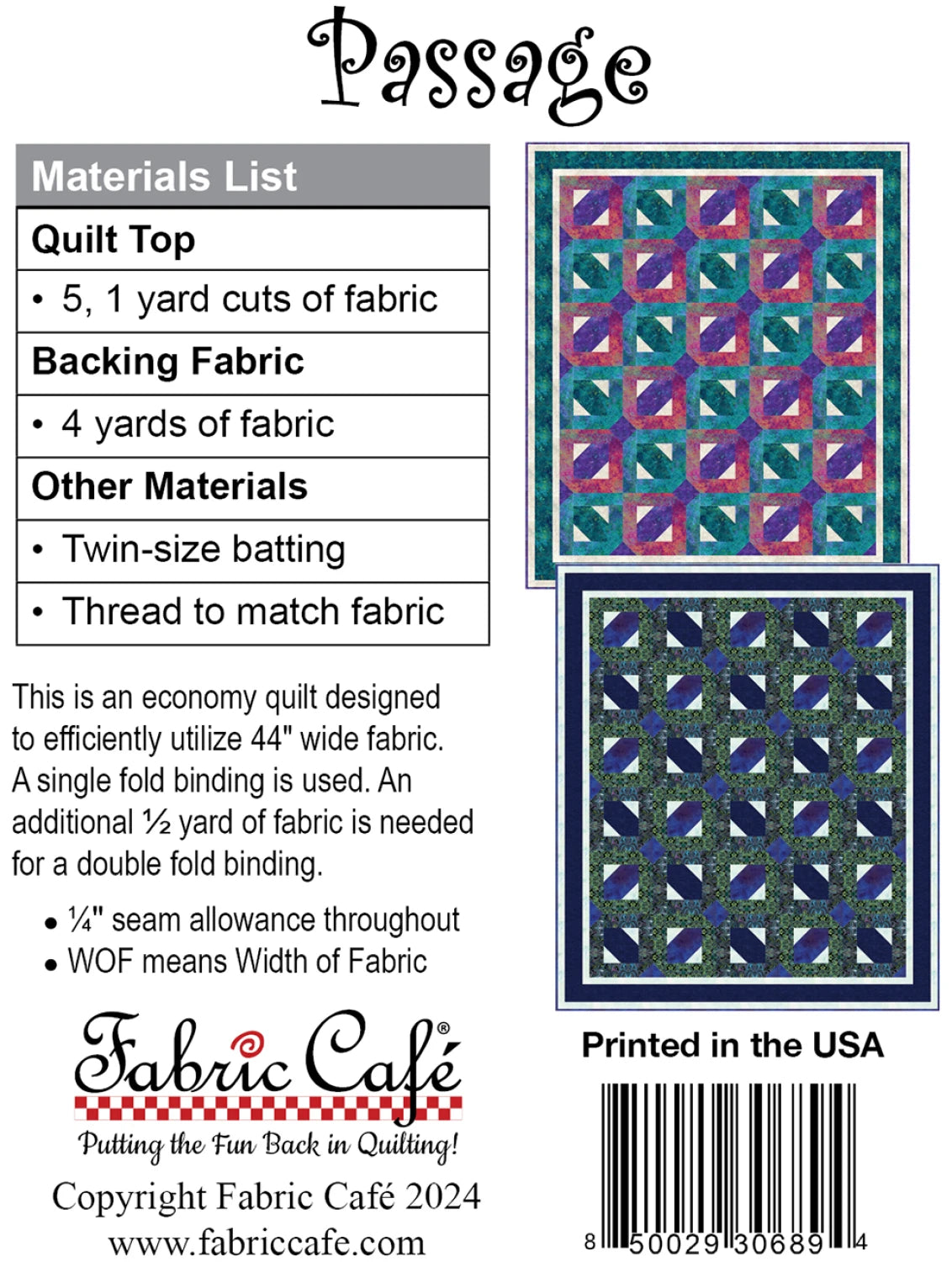 Materials list and instructions for the Passage 5 Yard Quilt Pattern by Checker Distributor, featuring two lap size quilts with overlapping square designs in teal, purple, and blue. Includes brand logo and barcode at the bottom.