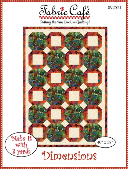 Dimensions 3 Yard Quilt Pattern by Checker Distributor is ideal for beginners. Featuring interlocking squares and circles, this lap quilt measures 40" x 58" and uses just 3 yards of fabric in red, green, and cream tones.