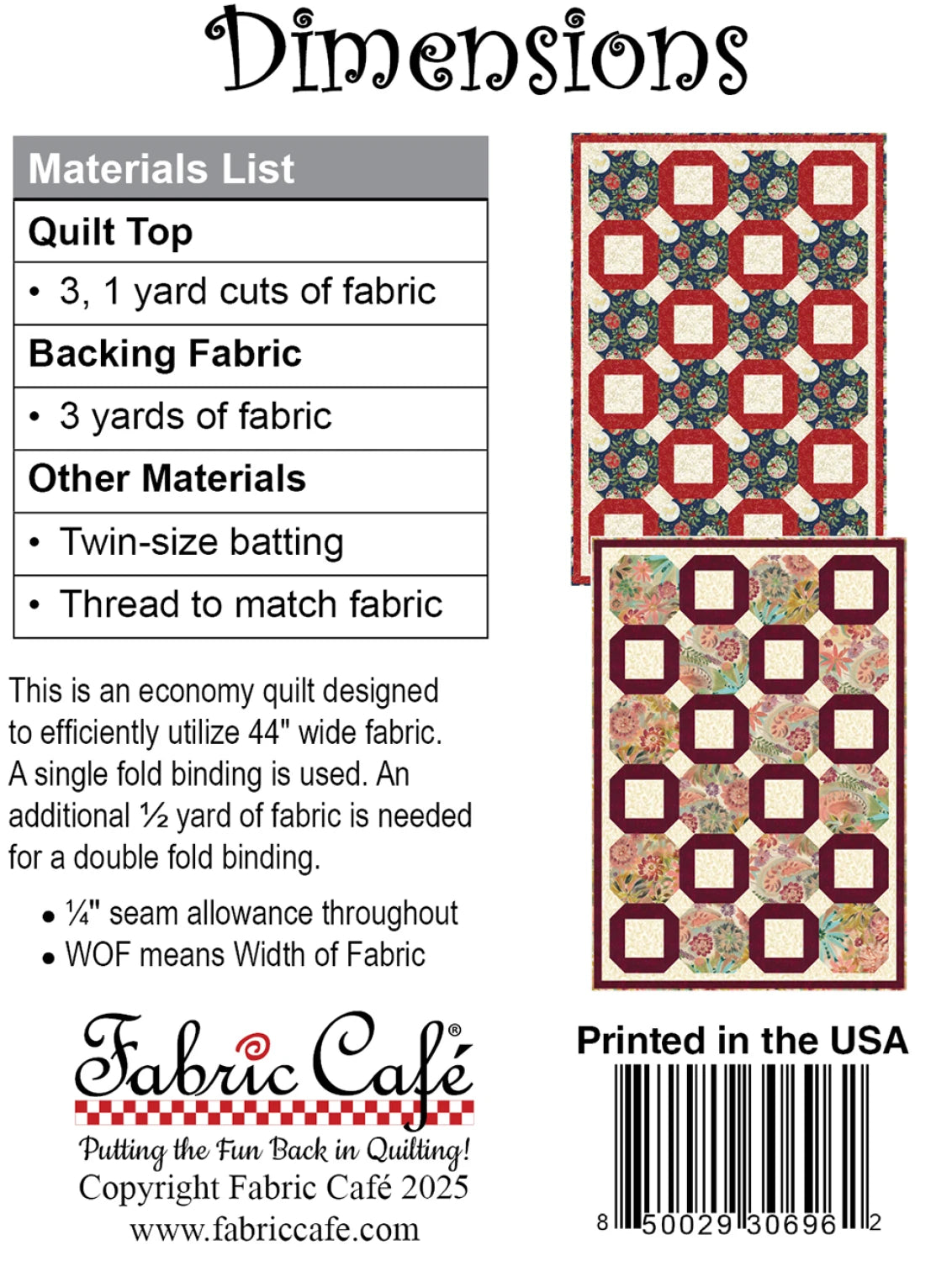 Two illustrated quilt designs—a red and white, and a floral—are shown above a materials list for making a twin or lap size quilt using the Dimensions 3 Yard Quilt Pattern by Checker Distributor, perfect for beginners.