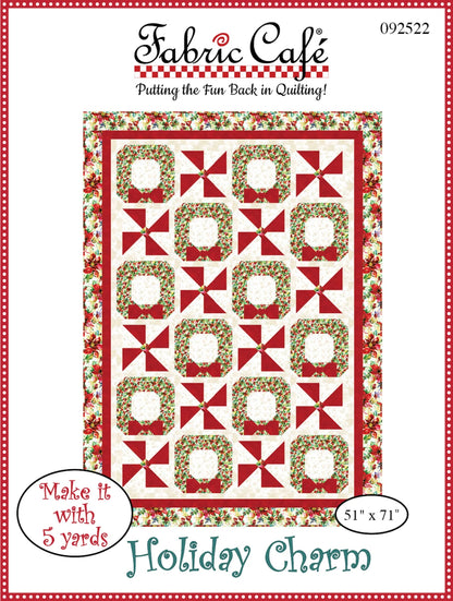 The Holiday Charm 5-Yard Quilt Pattern by Checker Distributor creates a festive lap-size quilt (51" x 71") with red, white, and green holiday prints, complete with a cheerful border—ideal for seasonal décor.
