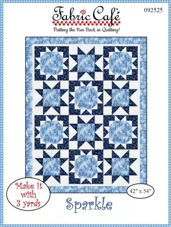 The Sparkle 3-Yard Quilt Pattern by Checker Distributor features a blue and white star patchwork, finished size 42" x 54", with step-by-step directions. Logo and slogan are shown at the top of the cover.