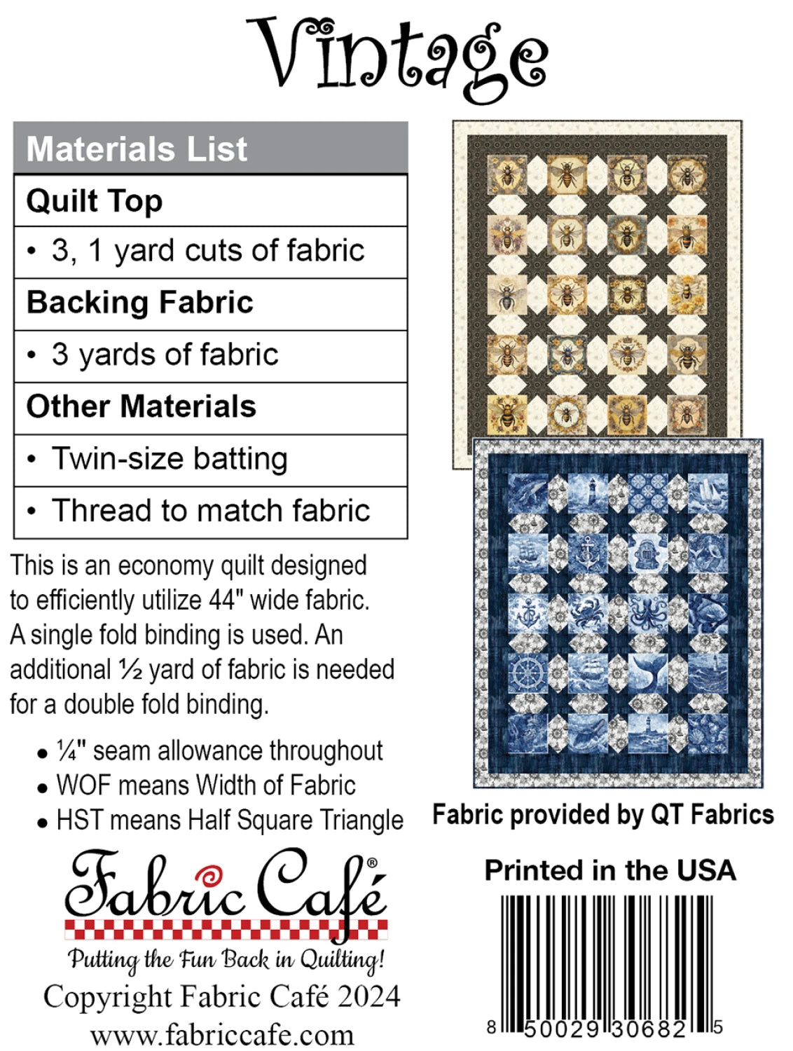 Image of the Vintage 3-Yard Quilt Pattern by Checker Distributor, showing a materials list and two quilt top designs—one in brown and gold, the other in blue and white shades.