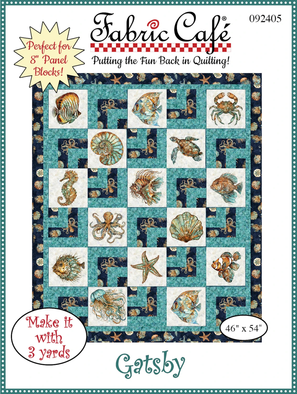 Quilt pattern with sea creatures—fish, octopuses, and seashells—in blue, teal, and white panel blocks. Features Checker Distributor's Gatsby 3 Yard Quilt Pattern. Great for 8 panel blocks using 44" wide fabric. Quilt size: 46" x 54".