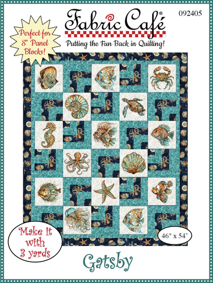 Quilt pattern with sea creatures—fish, octopuses, and seashells—in blue, teal, and white panel blocks. Features Checker Distributor's Gatsby 3 Yard Quilt Pattern. Great for 8 panel blocks using 44" wide fabric. Quilt size: 46" x 54".