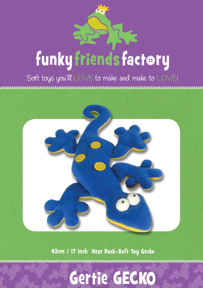 A blue plush gecko toy with yellow buttons is shown on a green background. The packaging says Gertie Gecko Heat Pack Pattern by Checker Distributor, making it a great beginner sewing project.