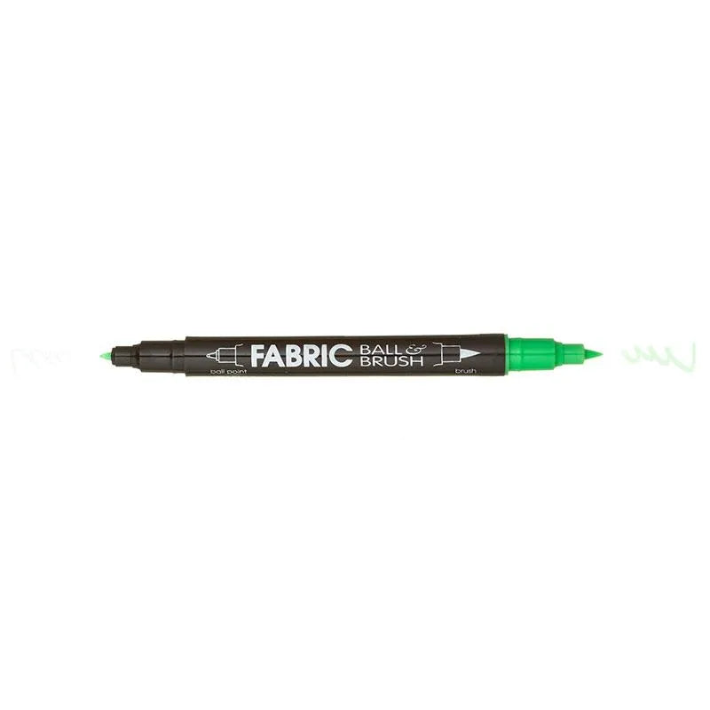 The United Notions Marvy Fabric Ball & Brush Marker has a black barrel labeled "FABRIC BALL & BRUSH" with permanent green ink, featuring a brush tip on one end and a fine point on the other, both capped in green.