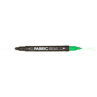 The United Notions Marvy Fabric Ball & Brush Marker has a black barrel labeled "FABRIC BALL & BRUSH" with permanent green ink, featuring a brush tip on one end and a fine point on the other, both capped in green.