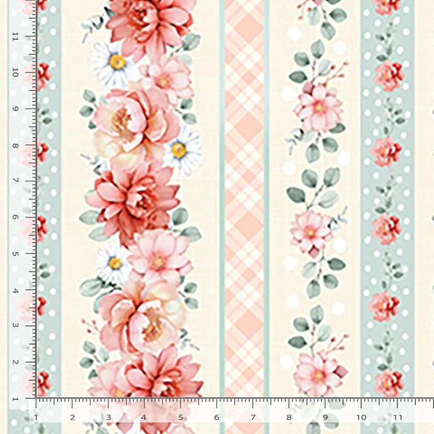 Timeless Treasures’ 'Til the Cows Come Home Soft Floral 11" Stripes fabric features vertical pastel stripes with pink and white flowers, green leaves, polka dots, plaid accents, and an inch ruler along the edges for easy measuring.
