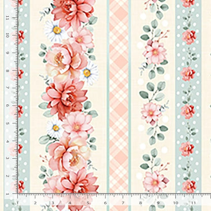 Timeless Treasures’ 'Til the Cows Come Home Soft Floral 11" Stripes fabric features vertical pastel stripes with pink and white flowers, green leaves, polka dots, plaid accents, and an inch ruler along the edges for easy measuring.