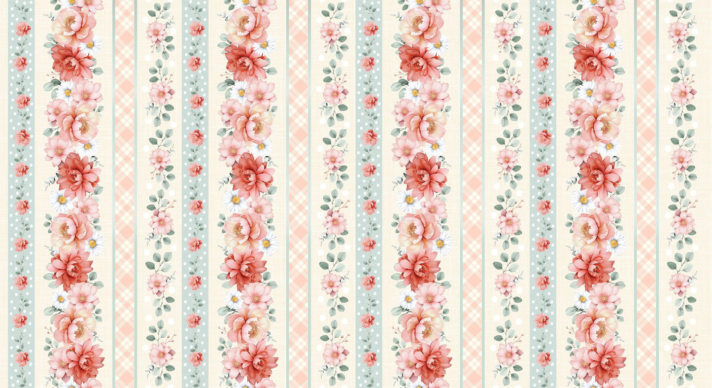 Vertical stripes of red and pink roses with green leaves alternate with pastel plaid and polka dots on a light background, giving this 'Til the Cows Come Home Soft Floral 11" Stripes Fabric by Timeless Treasures a vintage charm.