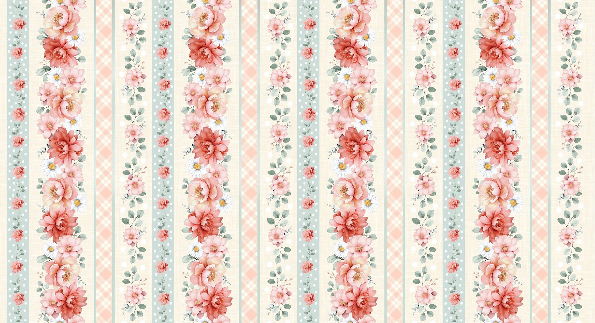 Vertical stripes of red and pink roses with green leaves alternate with pastel plaid and polka dots on a light background, giving this 'Til the Cows Come Home Soft Floral 11" Stripes Fabric by Timeless Treasures a vintage charm.