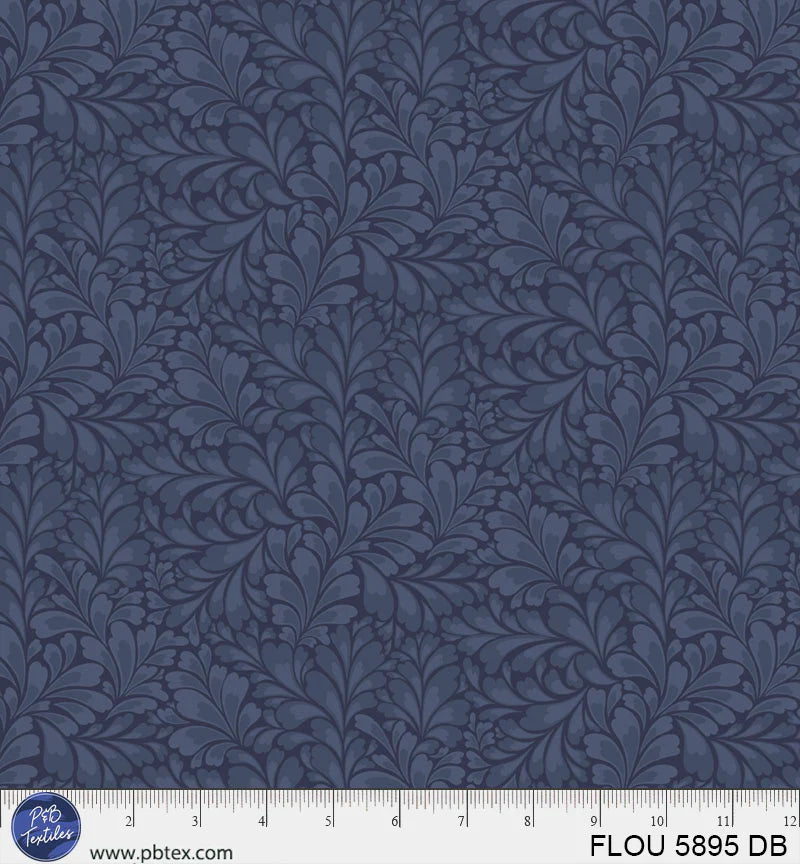 Flourish Dark Blue Leaves Fabric Yardage