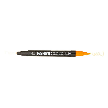 The United Notions Marvy Fabric Ball & Brush Marker features a black body and dual tips—a black fine tip and an orange brush tip—each drawing squiggly lines, perfect for versatile, permanent fabric marking.