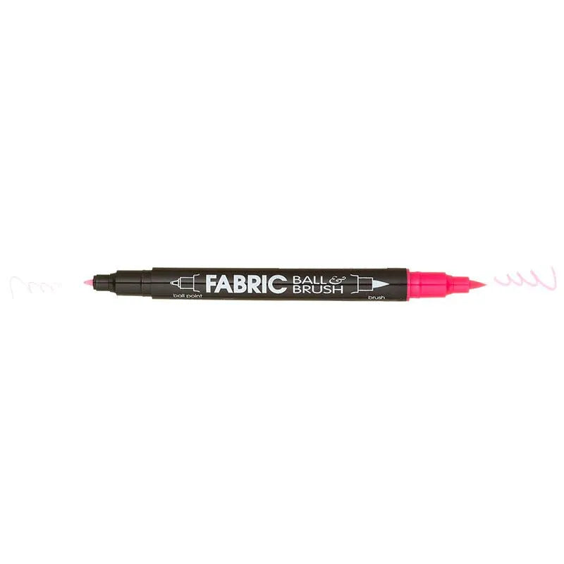 The United Notions Marvy Fabric Ball & Brush Marker in pink features a double-ended design with a fine tip for thin lines and a brush tip for thicker, wavy strokes, providing versatile options for fabric art.
