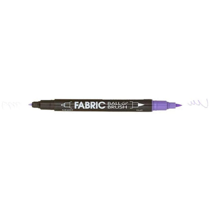 The Marvy Fabric Ball & Brush Marker by United Notions features a purple ballpoint tip and a purple brush tip on a black body printed with "Fabric Ball & Brush," making it an essential permanent fabric marker for creative projects.