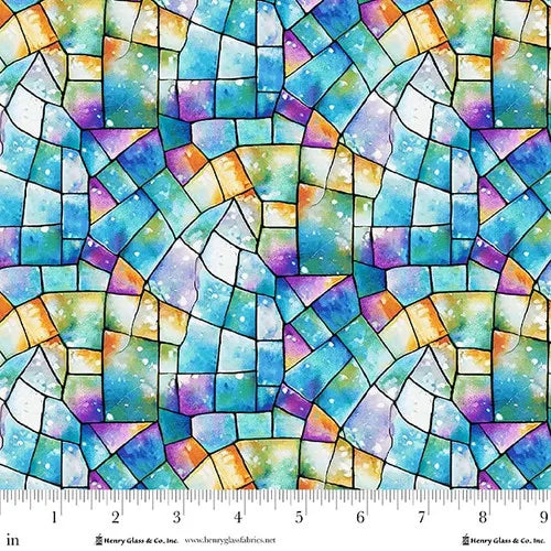 Faith in Full Color Stained Glass Fabric Yardage by Jaftex - Henry Glass Fabrics features blue, teal, orange, and purple hues with black outlines in irregular geometric shapes and a watercolor texture. Includes inch ruler for scale—ideal for quilting projects.