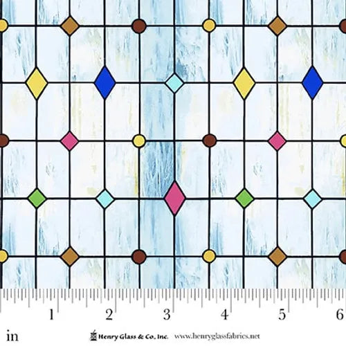 Faith in Full Color Geometric Stained Glass Fabric Yardage by Jaftex - Henry Glass Fabrics features a grid of black lines with vibrant diamond and square shapes on a light blue background. A ruler along the edge aids in measuring for your quilting projects.