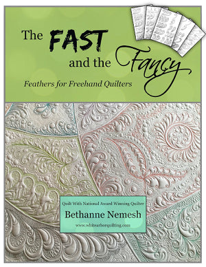 The Bethanne Nemesh Complete Book Collection from White Arbor Quilting features pastel quilted feather patterns and five quilt blocks on the cover—ideal for precision quilting ruler enthusiasts.