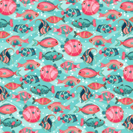 Mermaid Tails Blue Multi Fish Fabric Yardage