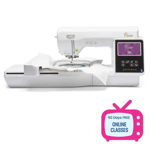 The Baby Lock Flare Dedicated Embroidery Machine is shown with a stitched project in the hoop. A Quilted Joy Gift Card and icon highlight 60 days of free online classes from Baby Lock.