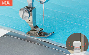 The presser foot of the JUKI Haruka TL-18QVP floating slightly above blue quilted fabric, with an inset showing the float adjustment dial.
