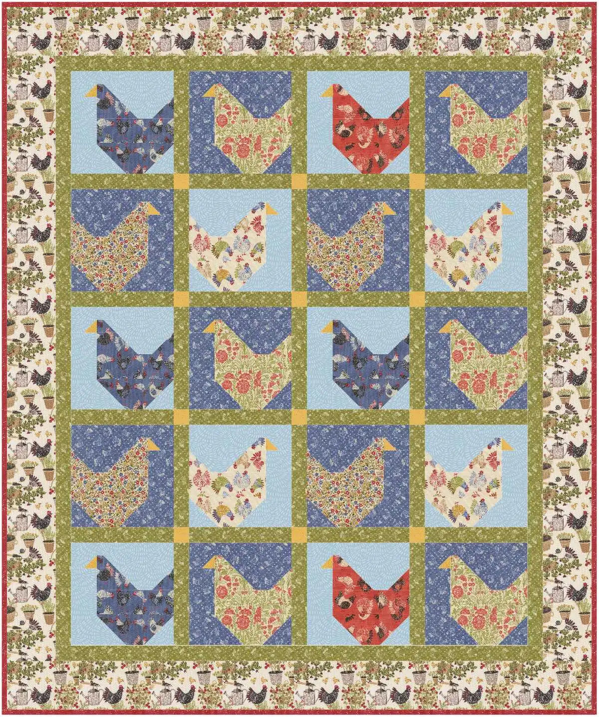 The Flock Party Quilt Kit by Quilted Joy features rows of hens in floral and patterned fabrics, set in light blue squares and bordered by a chicken-themed print—perfect for farm décor or chicken quilt lovers.
