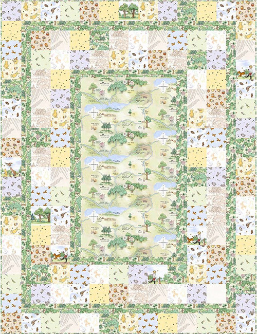 The Fluffy Biscuits Quilt Kit by Quilted Joy features pastel patchwork squares with nature motifs—trees, animals, cottages—and accents of Winnie the Pooh fabrics around a central illustrated forest panel.