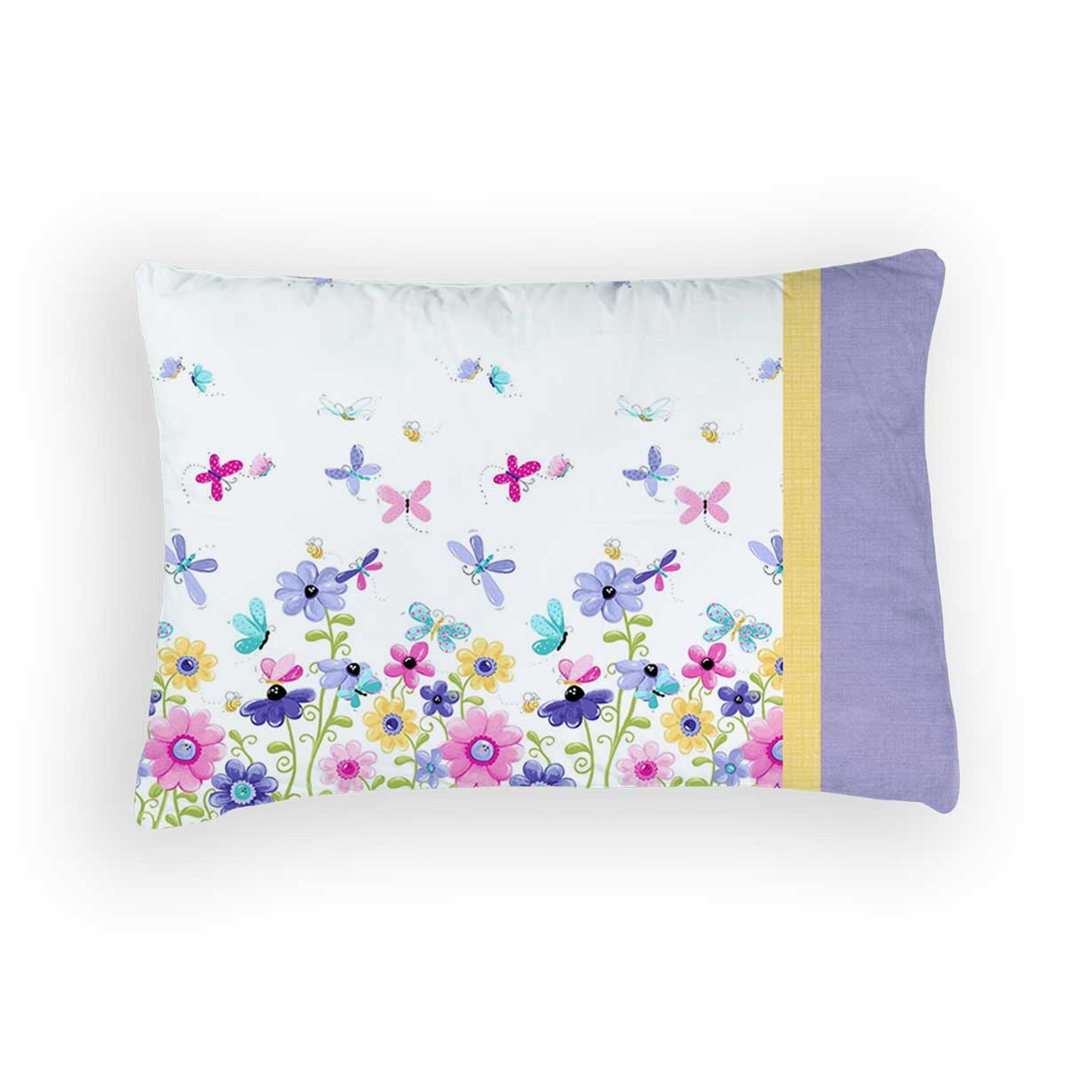 The Flutter Butterfly Pillowcase Kit by Quilted Joy is a 100% cotton case with floral and dragonfly prints in pink, blue, and purple, finished with a solid lavender and yellow border on one side.