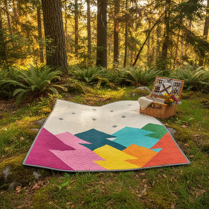 The Forest Quilt Kit by Quilted Joy, featuring a modern geometric design, is displayed on mossy ground in a sunlit forest. A picnic basket with a plaid blanket and flowers rests nearby, surrounded by ferns and tall trees.