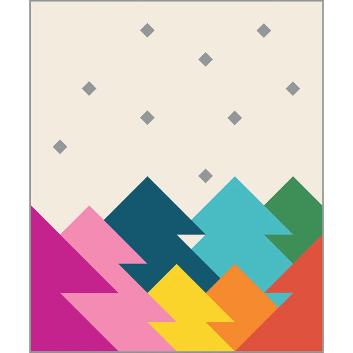 The Forest Quilt Kit by Quilted Joy features a geometric design of colorful zigzag mountains in pink, navy, turquoise, green, yellow, and orange beneath a cream sky with gray diamond stars—perfect for modern or woodland-inspired quilts.