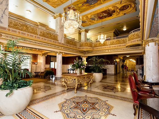 The ornate historic lobby of French Lick Springs Hotel