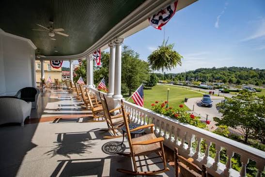 French Lick Resort covered porch with seating area