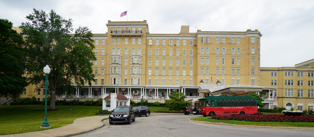 French Lick Springs Hotel front lawn and historic building