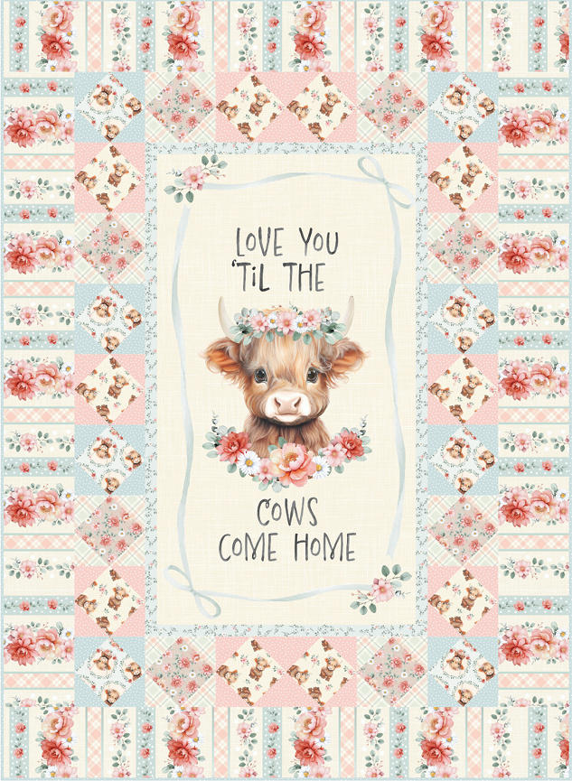 The Timeless Treasures Friendship Cows Quilt Kit features a pastel patchwork design with floral and plaid patterns, framing a flower-crowned cow and the phrase "Love you til the cows come home"—perfect for any cow quilt project.