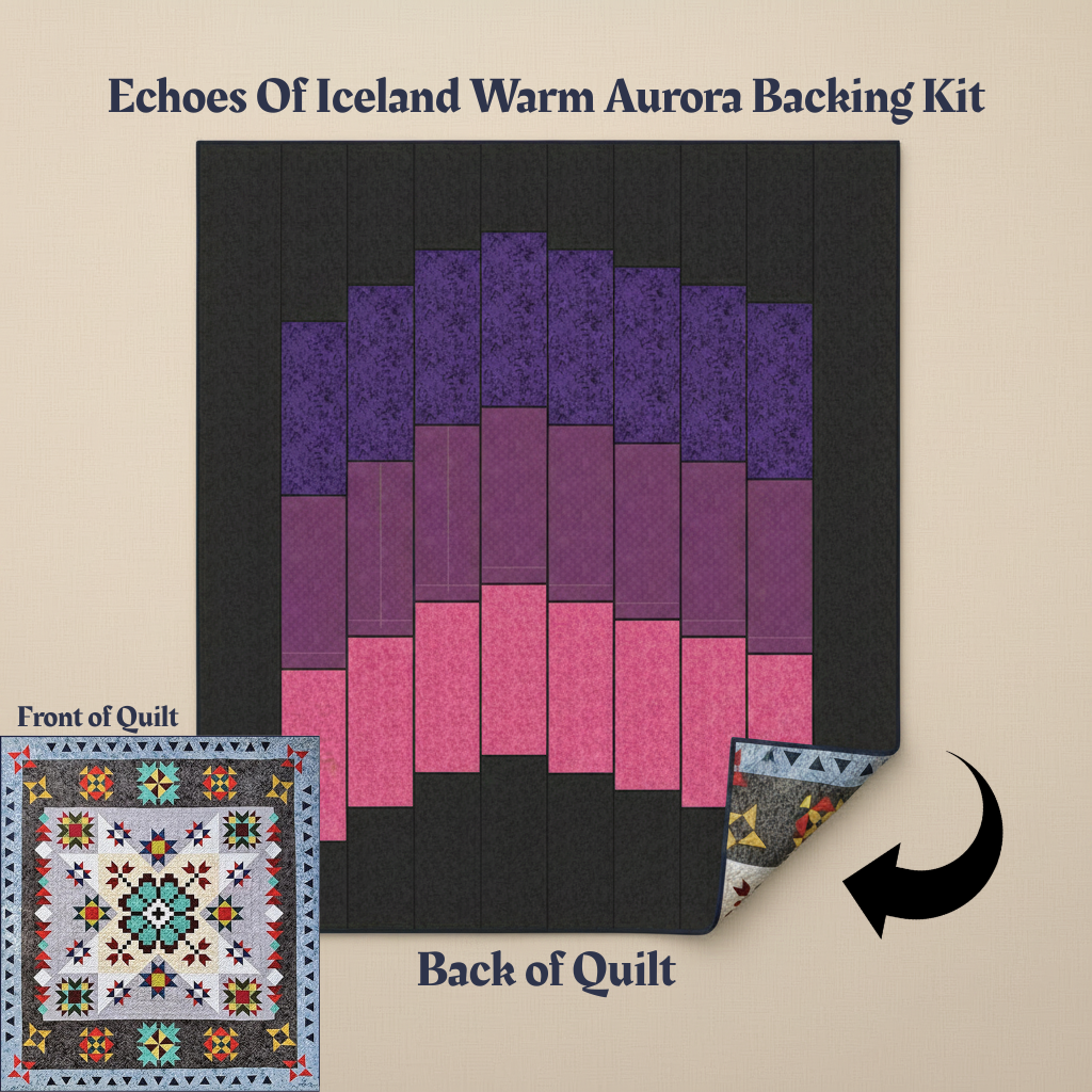 A digital mockup of Quilted Joy’s Echoes of Iceland Warm Aurora Backing Kit shows arched bands of dark, purple, and pink quilting fabrics inspired by the aurora borealis. An inset highlights the star-studded quilt front and unique kit details.