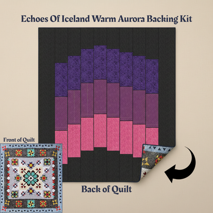 A digital mockup of Quilted Joy’s Echoes of Iceland Warm Aurora Backing Kit shows arched bands of dark, purple, and pink quilting fabrics inspired by the aurora borealis. An inset highlights the star-studded quilt front and unique kit details.