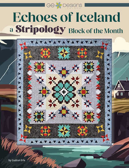 A colorful geometric quilt is featured on the cover of the Echoes of Iceland Quilt Kit by Quilted Joy, set against a scenic Icelandic landscape illustration.
