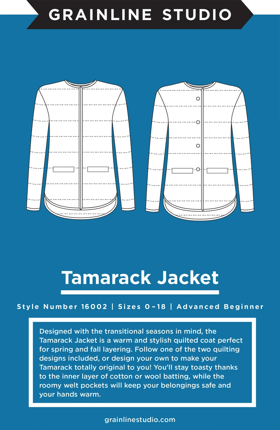 Line drawings show front and back views of a quilted coat with patch pockets and snaps, above a description of the Tamarack Jacket Sizes 0-18 sewing pattern by Checker Distributor. Blue background with white and gray text accents.