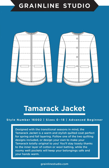Line drawings show front and back views of a quilted coat with patch pockets and snaps, above a description of the Tamarack Jacket Sizes 0-18 sewing pattern by Checker Distributor. Blue background with white and gray text accents.