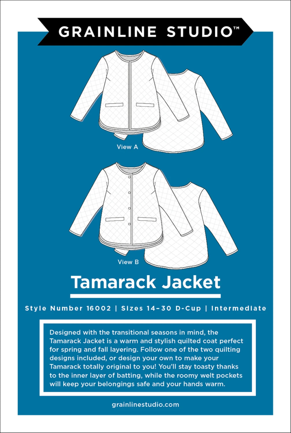Instructional poster for the Checker Distributor Tamarack Jacket Sizes 14-30 sewing pattern, showing illustrated outlines of two quilted coat styles with patch pockets and text on features. Includes plus size sewing options.