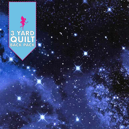 A star-filled night sky with bright blue clusters on dark background. A blue banner with a pink silhouette reads Galaxy 108" Wide 3 Yard Quilt Fabric Back Pack, perfect for quilt fabric or 108" wide fabric by the yard.