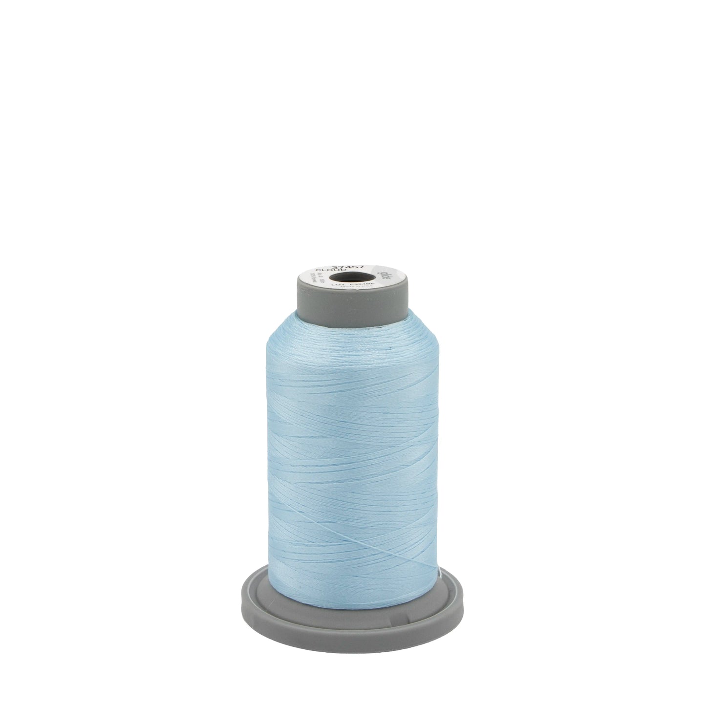 A large spool of Hab+Dash Glide Thread Cloud 37457 polyester thread sits upright on a gray plastic base, ideal for machine quilting, against a plain white background.