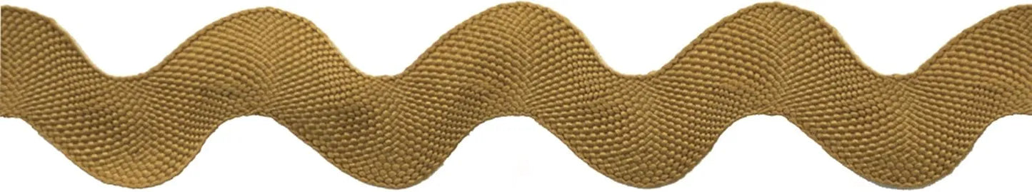A close-up of Rick Rack 1-1/4" Wide in gold polyester, featuring evenly spaced wavy curves on a white background—ideal as a sewing embellishment.