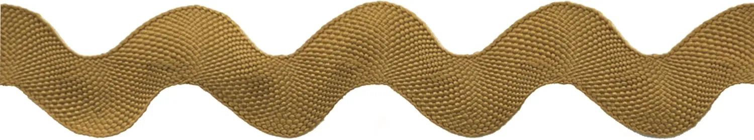 A close-up of Rick Rack 1-1/4" Wide in gold polyester, featuring evenly spaced wavy curves on a white background—ideal as a sewing embellishment.