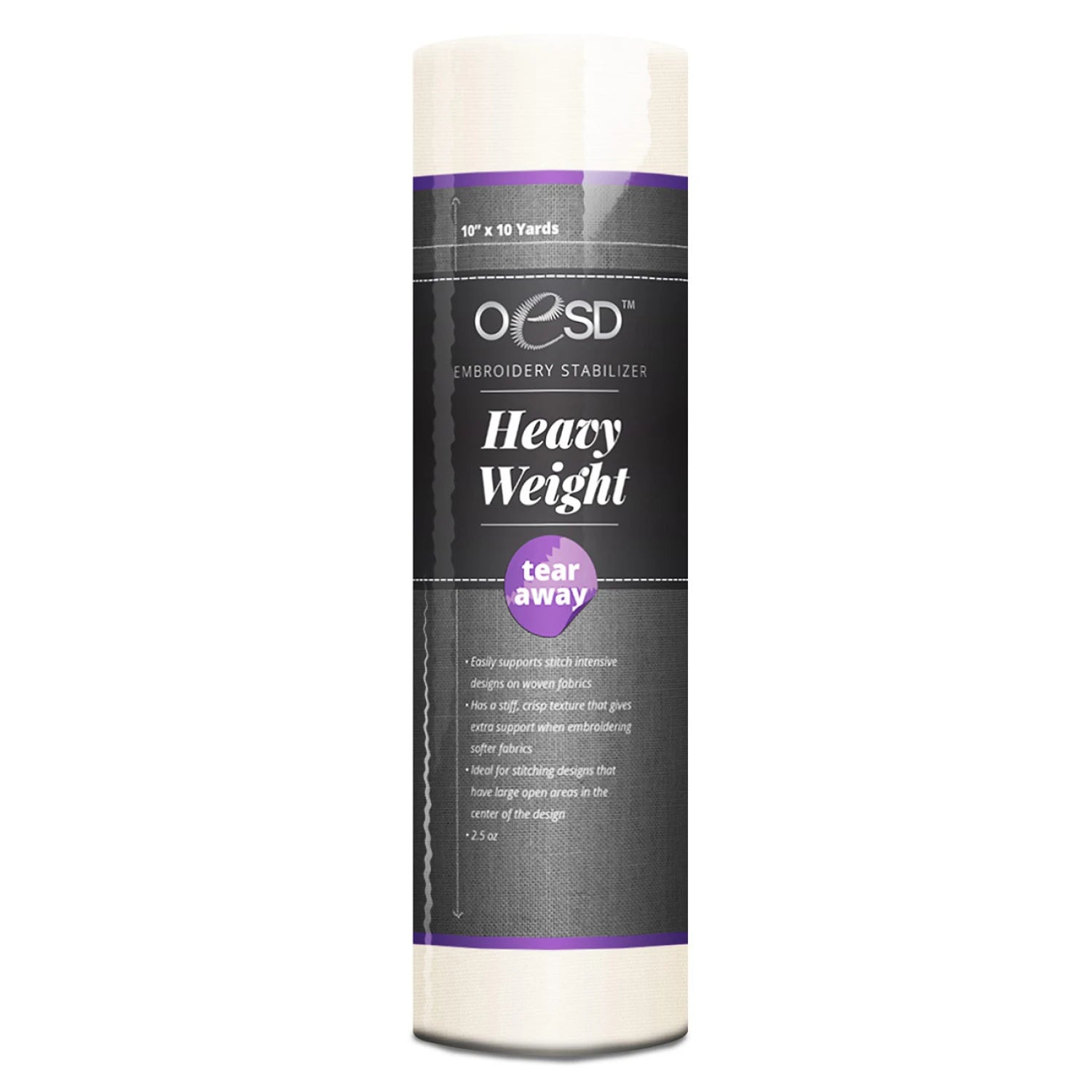 The Checker Distributor OESD Heavy Weight White stabilizer, sized 10in x 10yds, is ideal for embroidery projects needing a reliable heavy weight tear away backing. The packaging features a black label with white and purple accents.