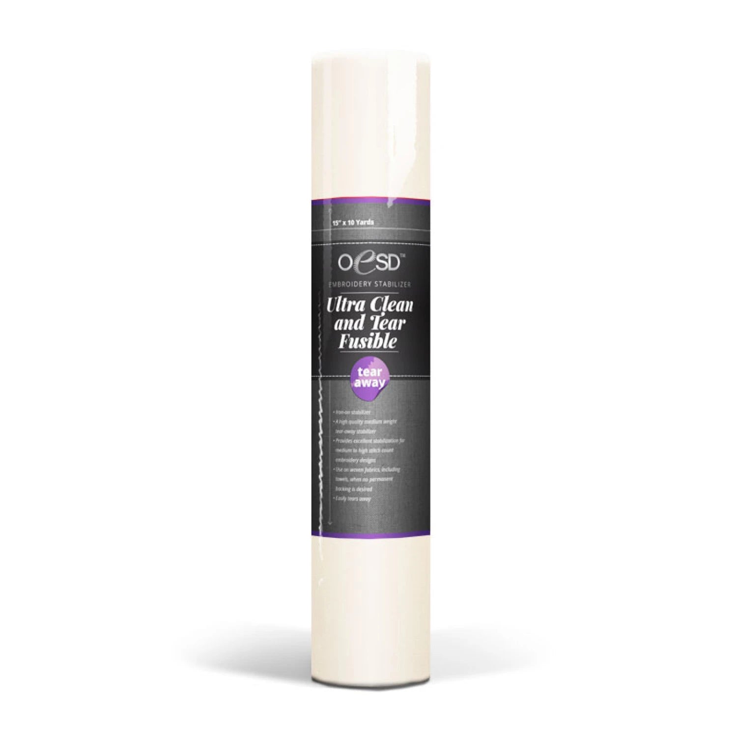 A roll of OESD Ultra Clean and Tear Fusible 20in x 10 yds by Checker Distributor stands upright on a white background, featuring a black and purple label.