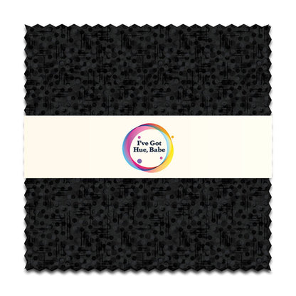A 5" square black precut fabric with a subtle geometric pattern, from the "I've Got Hue, Babe Pitch Dark" collection by Jaftex - Henry Glass Fabrics—ideal for quilt squares or charm packs.
